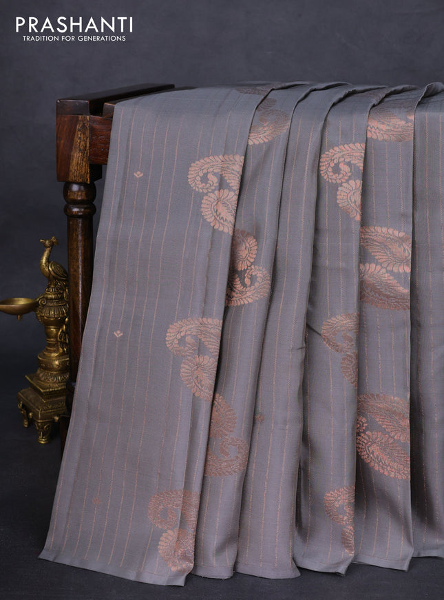 Kanchipuram silk saree grey and pink shade with allover copper zari weaves & buttas in borderless style
