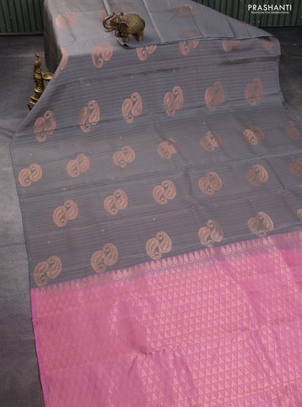Kanchipuram silk saree grey and pink shade with allover copper zari weaves & buttas in borderless style