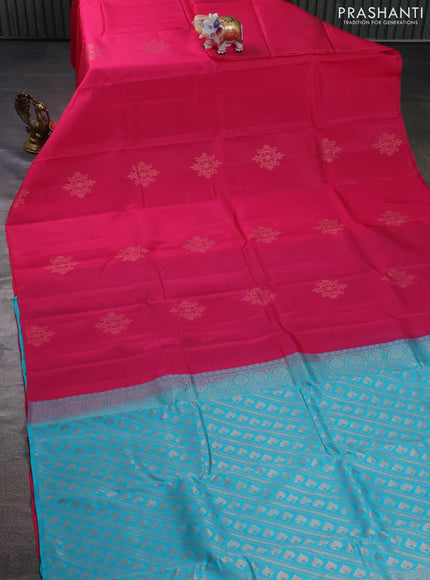 Kanchipuram silk saree pink and teal blue with zari woven buttas in borderless style