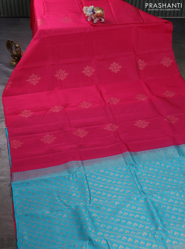 Kanchipuram silk saree pink and teal blue with zari woven buttas in borderless style