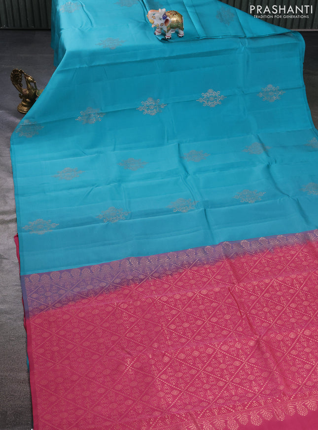 Kanchipuram silk saree teal blue and pink shade with zari woven buttas in borderless style