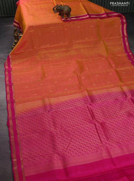 Kanchipuram silk saree dual shade of mustard and pink with allover zari weaves and zari woven border