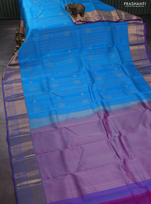 Kanchipuram silk saree cs blue and dual shade of purple with allover zari weaves and zari woven border
