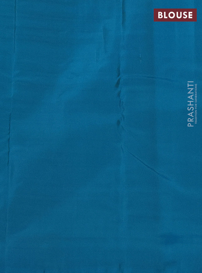 Kanchipuram silk saree teal green shade and cs blue with copper zari woven buttas in borderless style