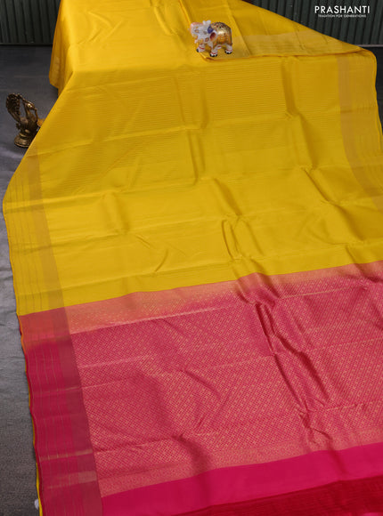 Kanchipuram silk saree yellow and pink with allover zari weaves and zari woven border