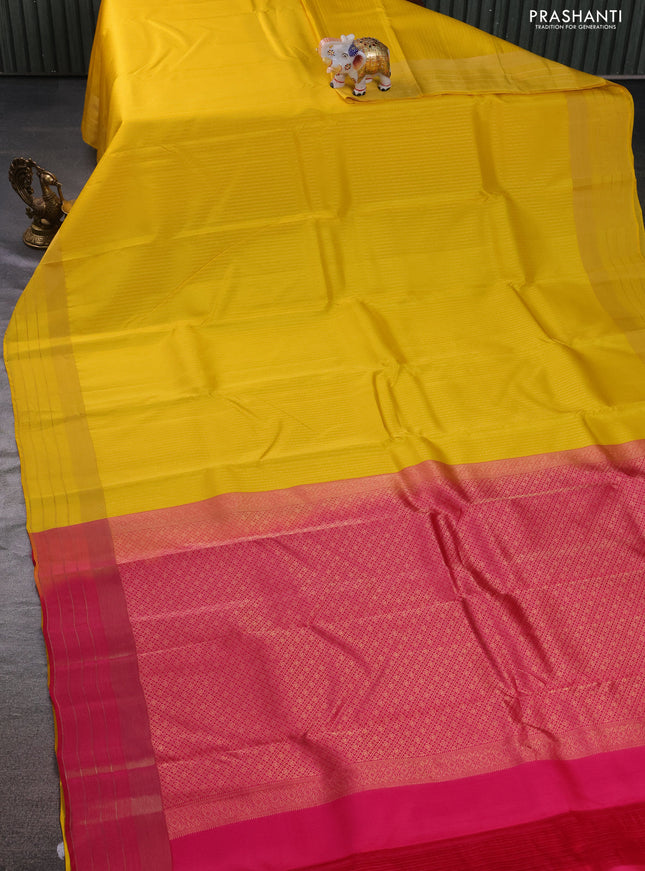 Kanchipuram silk saree yellow and pink with allover zari weaves and zari woven border