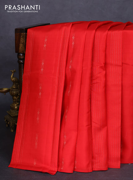 Kanchipuram silk saree red and teal green with allover zari weaves & buttas in borderless style