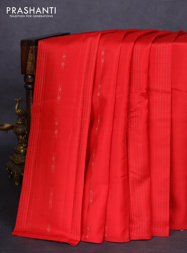 Kanchipuram silk saree red and teal green with allover zari weaves & buttas in borderless style