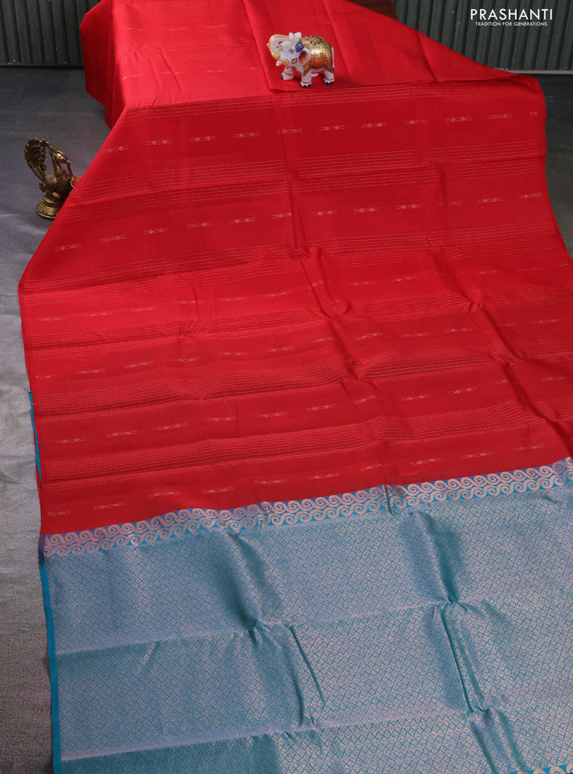 Kanchipuram silk saree red and teal green with allover zari weaves & buttas in borderless style