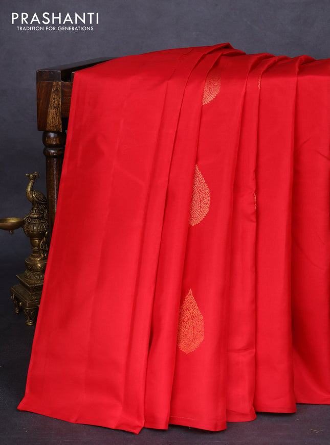 Kanchipuram silk saree red and bottle green with zari woven buttas in borderless style