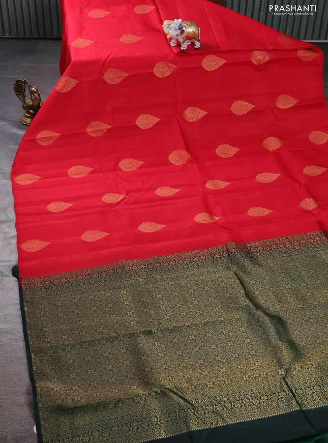 Kanchipuram silk saree red and bottle green with zari woven buttas in borderless style