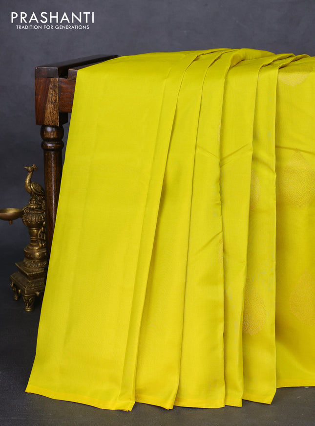 Kanchipuram silk saree lime yellow and bottle green with zari woven buttas in borderless style