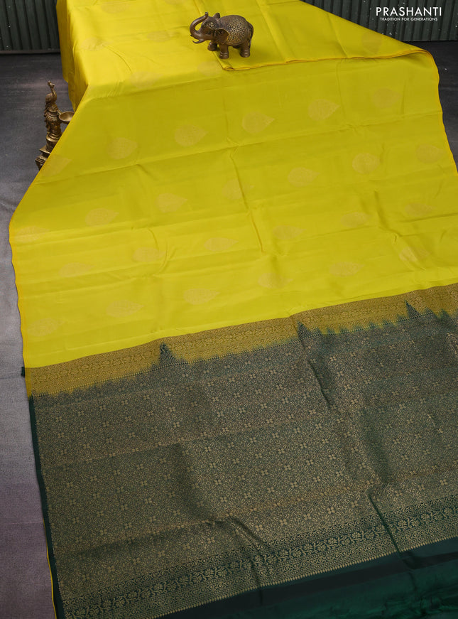 Kanchipuram silk saree lime yellow and bottle green with zari woven buttas in borderless style