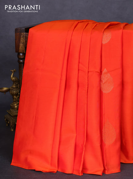 Kanchipuram silk saree orange and teal blue with zari woven buttas in borderless style