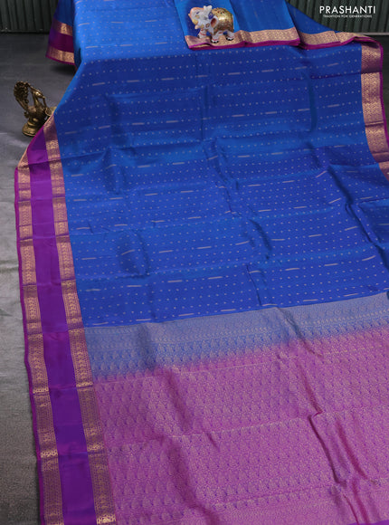 Kanchipuram silk saree blue and purple with allover zari woven butta weaves and rettapet zari woven border