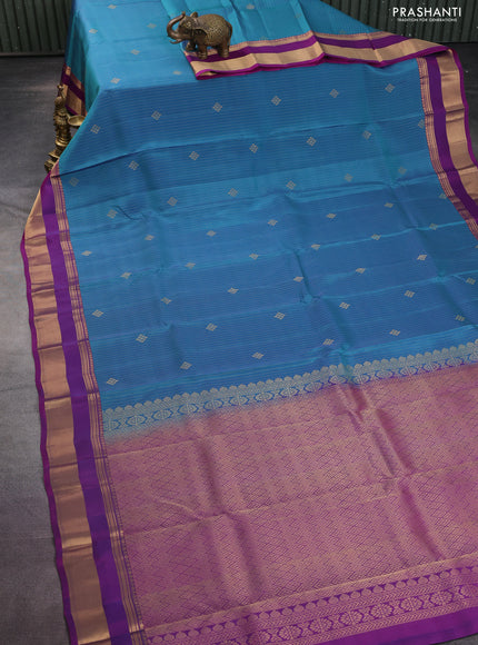 Kanchipuram silk saree dual shade of blue and purple with allover zari weaves and rettapet zari woven border