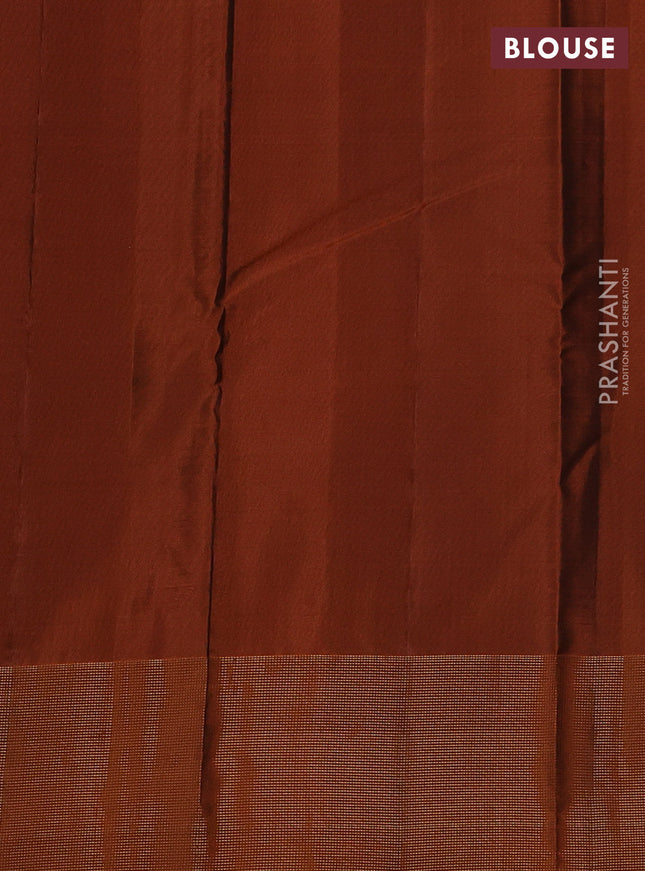Kanchipuram silk saree blue and rustic orange with zari woven buttas and zari woven border