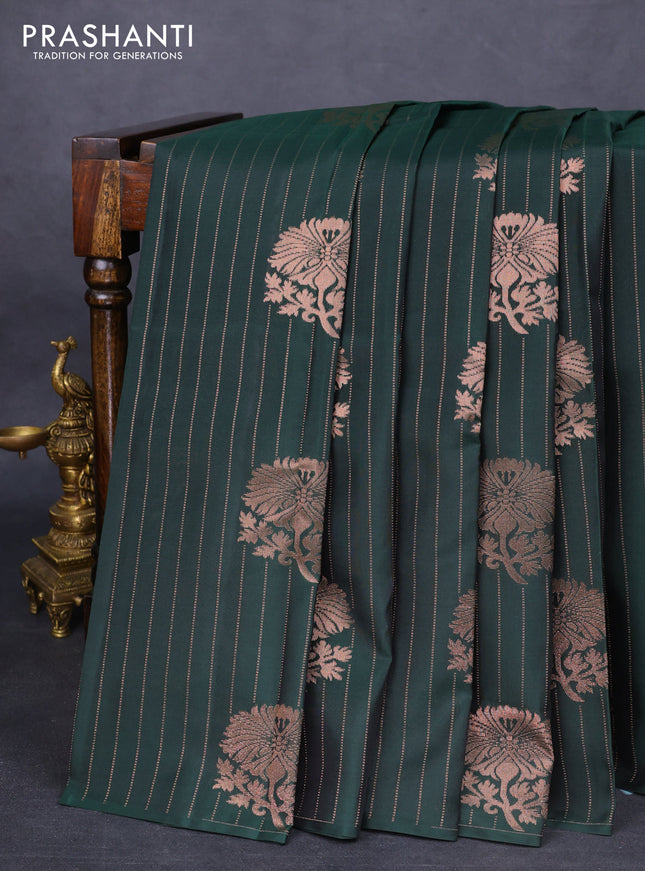 Kanchipuram silk saree bottle green and grey shade with allover copper zari weaves & buttas in borderless style
