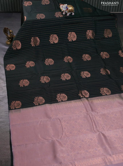 Kanchipuram silk saree bottle green and grey shade with allover copper zari weaves & buttas in borderless style