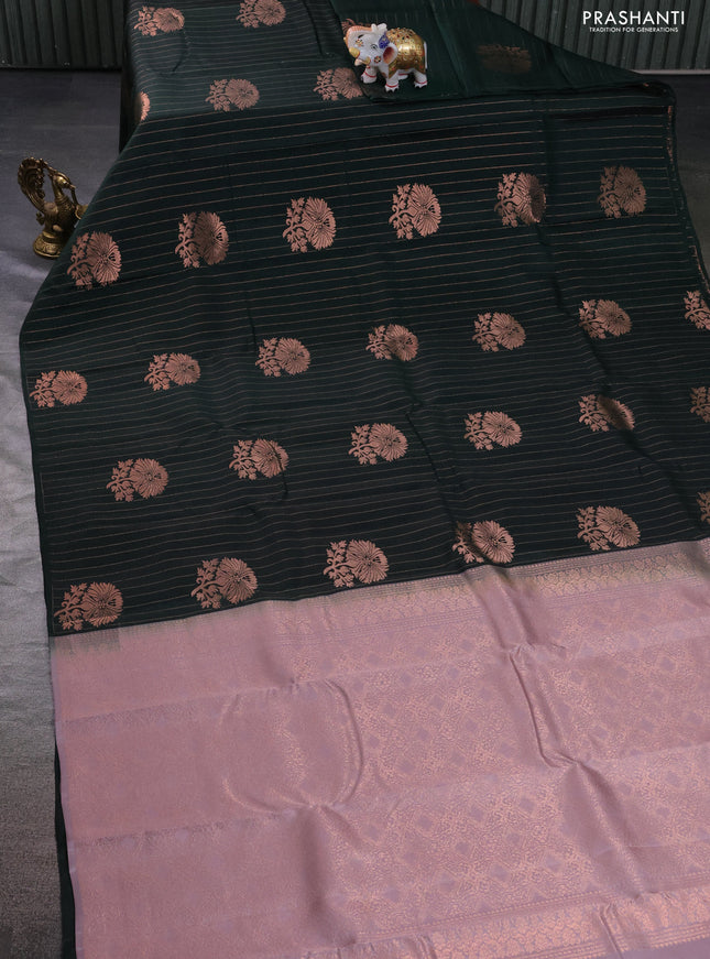 Kanchipuram silk saree bottle green and grey shade with allover copper zari weaves & buttas in borderless style