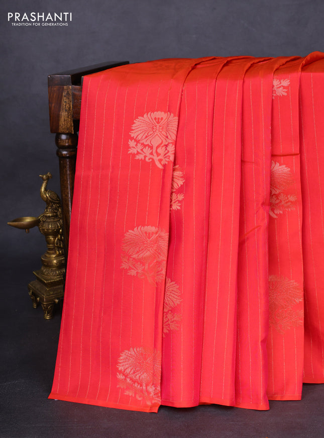 Kanchipuram silk saree dual shade of pinkish orange and grey shade with allover copper zari weaves & buttas in borderless style