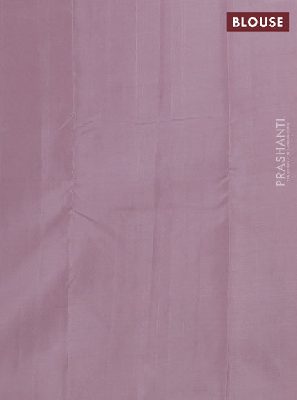 Kanchipuram silk saree dual shade of pinkish orange and grey shade with allover copper zari weaves & buttas in borderless style