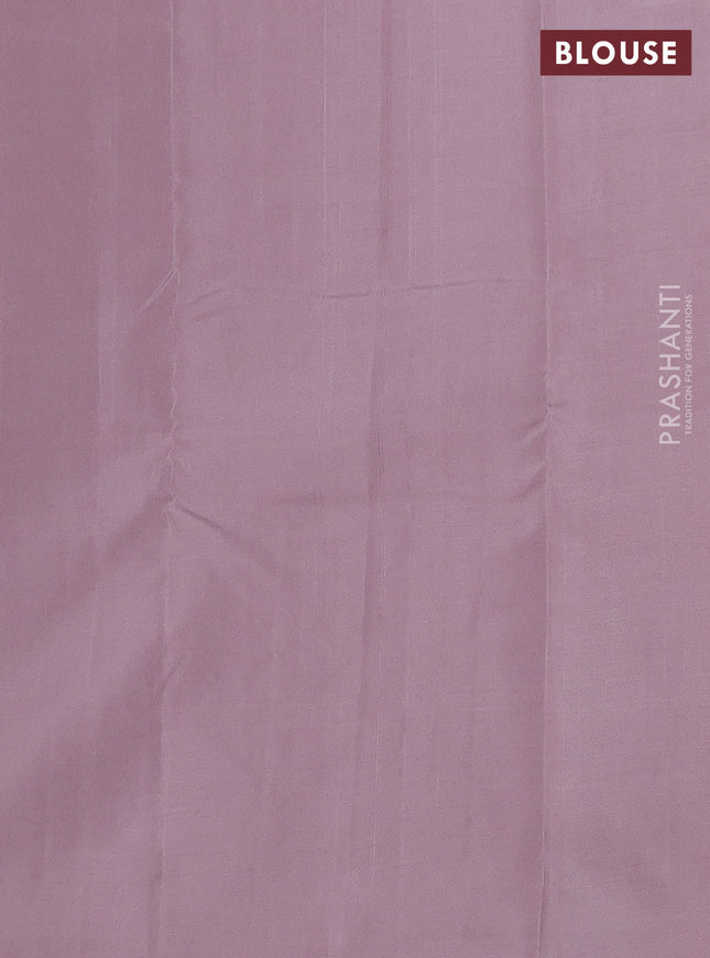 Kanchipuram silk saree dual shade of pinkish orange and grey shade with allover copper zari weaves & buttas in borderless style