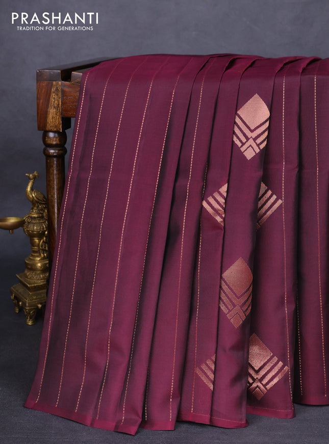 Kanchipuram silk saree wine shade and teal blue with allover copper zari weaves & buttas in borderless style