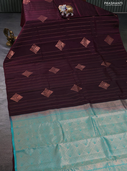 Kanchipuram silk saree wine shade and teal blue with allover copper zari weaves & buttas in borderless style