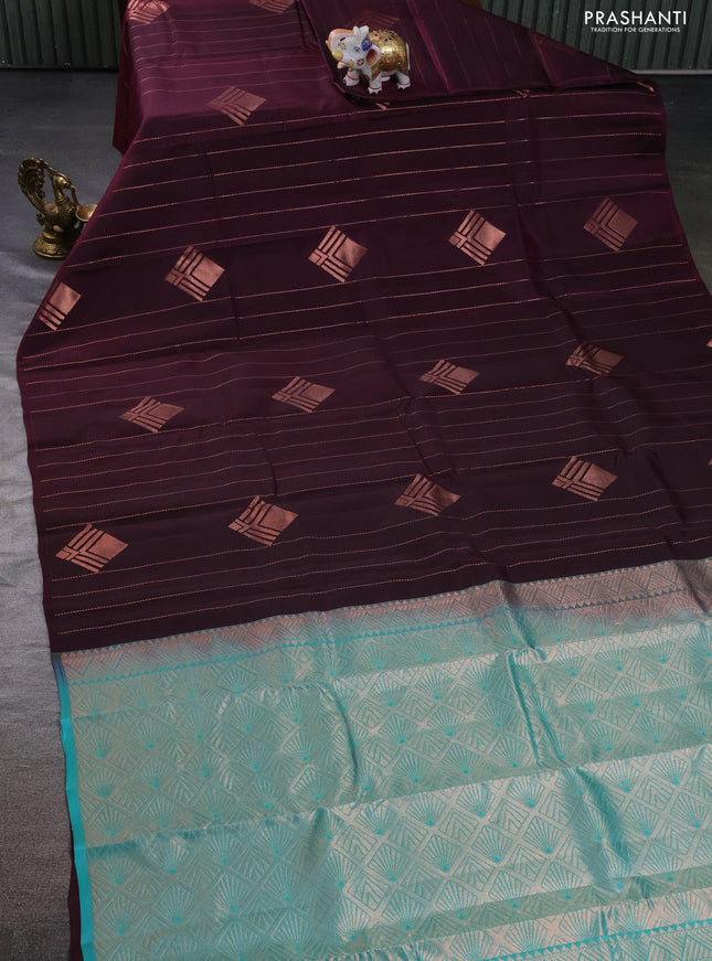 Kanchipuram silk saree wine shade and teal blue with allover copper zari weaves & buttas in borderless style