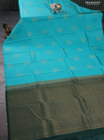 Kanchipuram silk saree teal blue and bottle green with allover zari weaves in borderless style