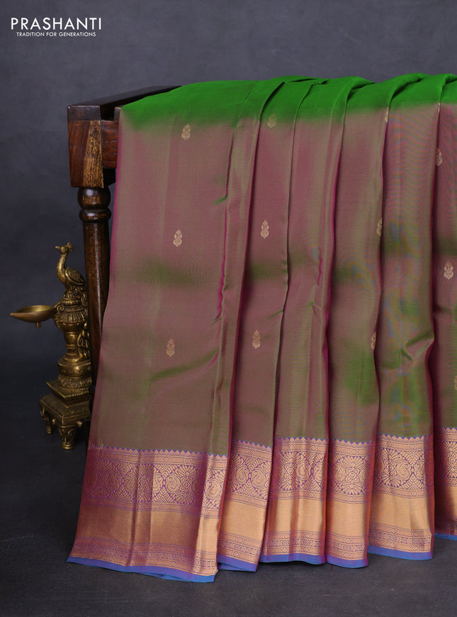 Kanchipuram silk saree dual shade of green and cs blue with zari woven buttas and zari woven border