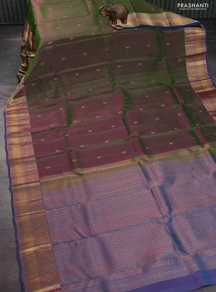 Kanchipuram silk saree dual shade of green and cs blue with zari woven buttas and zari woven border
