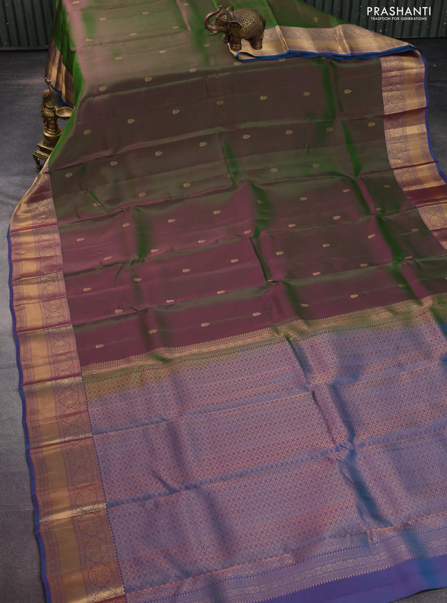 Kanchipuram silk saree dual shade of green and cs blue with zari woven buttas and zari woven border