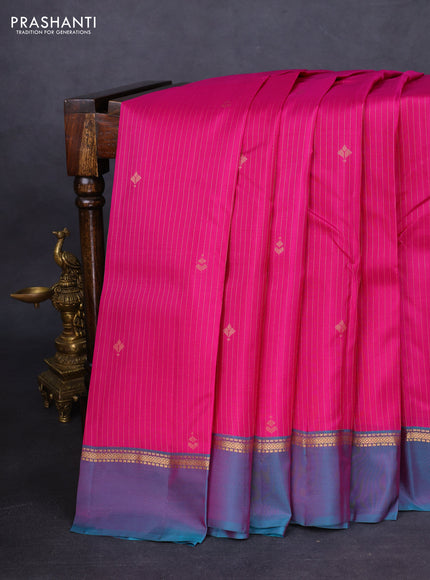 Kanchipuram silk saree magenta pink and teal green with allover zari weaves and zari woven simple border
