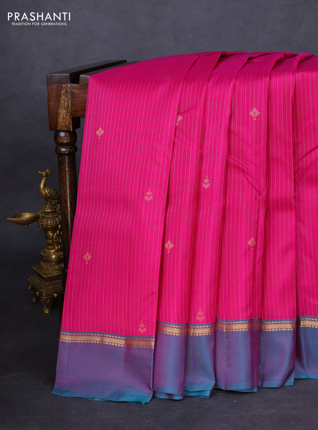 Kanchipuram silk saree magenta pink and teal green with allover zari weaves and zari woven simple border