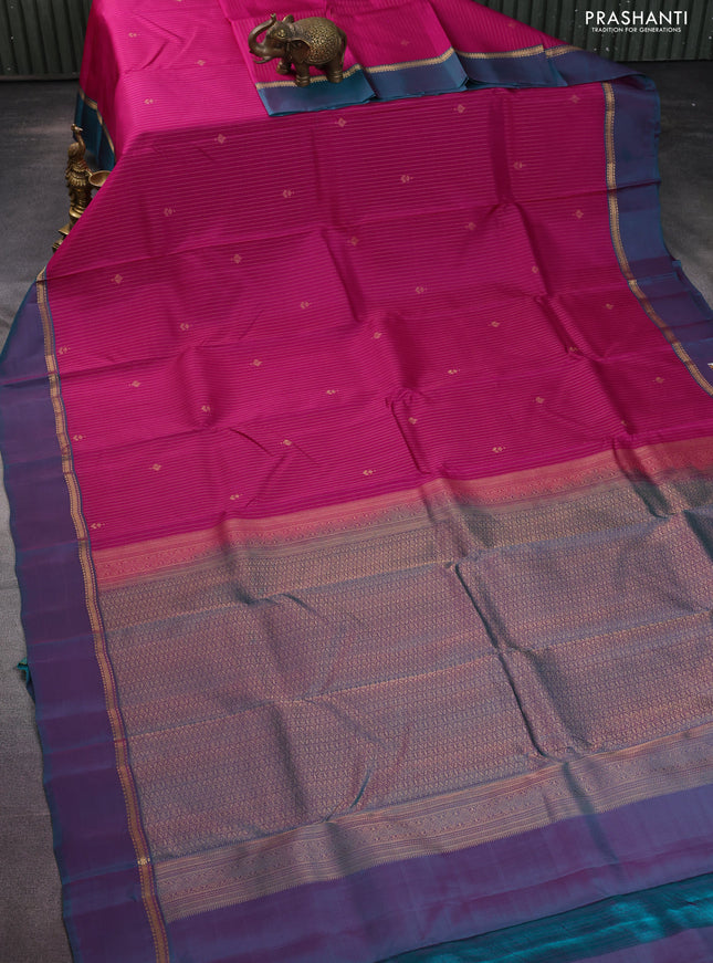 Kanchipuram silk saree magenta pink and teal green with allover zari weaves and zari woven simple border