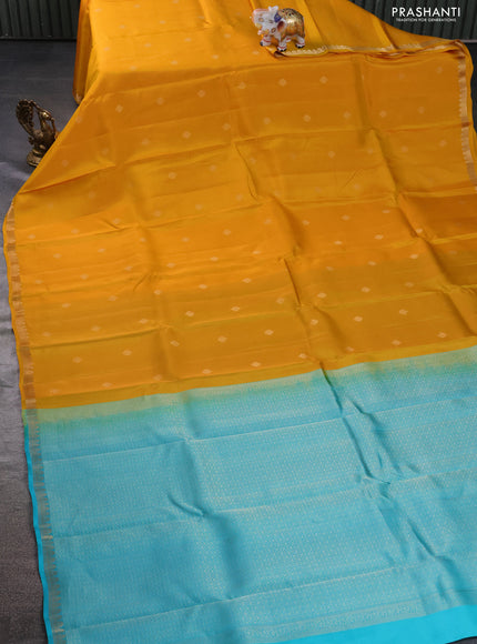 Kanchipuram silk saree mango yellow and teal blue with zari woven buttas and zari woven border
