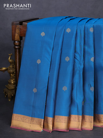 Kanchipuram silk saree peacock blue and mauve pink with zari woven buttas and zari woven border
