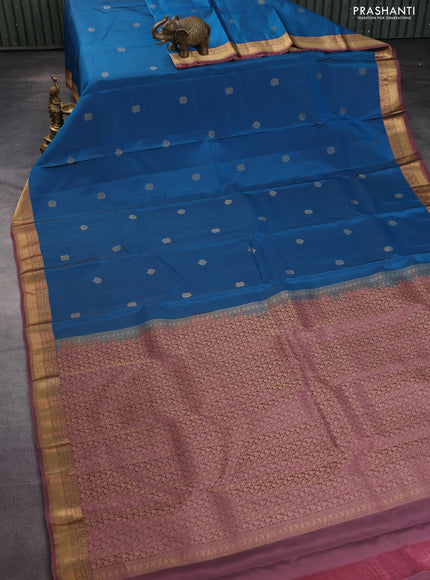 Kanchipuram silk saree peacock blue and mauve pink with zari woven buttas and zari woven border