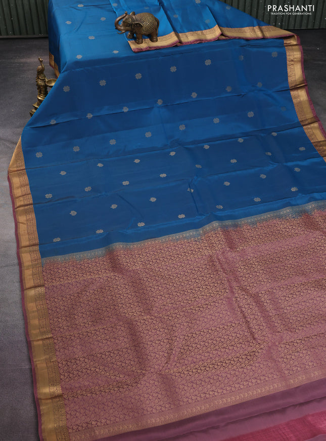 Kanchipuram silk saree peacock blue and mauve pink with zari woven buttas and zari woven border