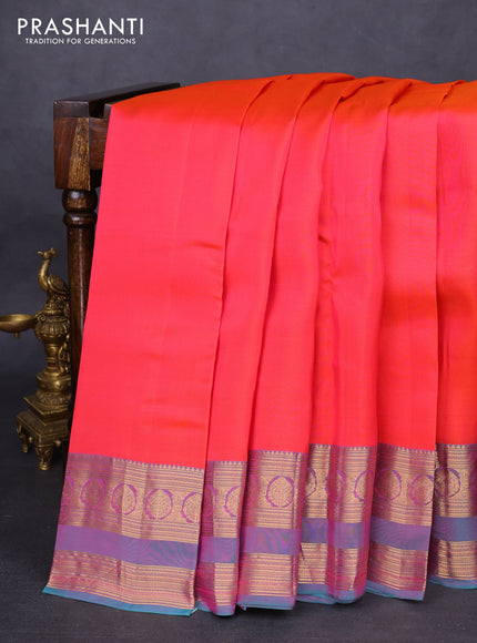 Kanchipuram silk saree dual shade of pink and dual shade of teal green with plain body and rettapet zari woven border