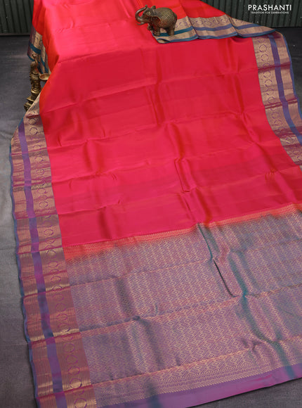 Kanchipuram silk saree dual shade of pink and dual shade of teal green with plain body and rettapet zari woven border