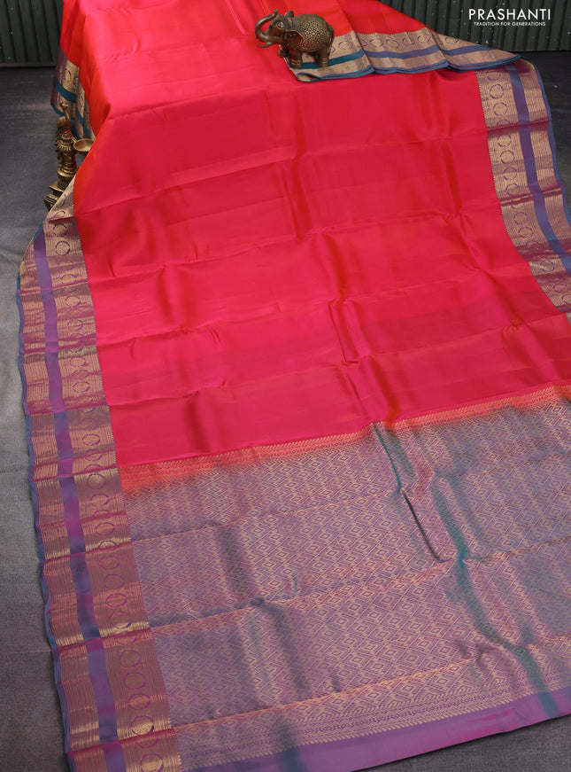 Kanchipuram silk saree dual shade of pink and dual shade of teal green with plain body and rettapet zari woven border
