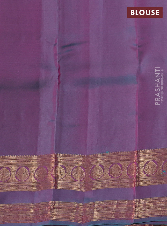 Kanchipuram silk saree dual shade of pink and dual shade of teal green with plain body and rettapet zari woven border
