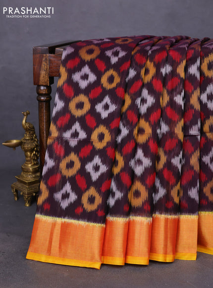 Ikat silk cotton saree deep coffee brown and yellow with allover ikat weaves and zari woven border
