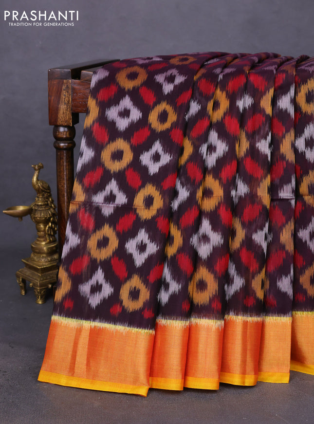 Ikat silk cotton saree deep coffee brown and yellow with allover ikat weaves and zari woven border