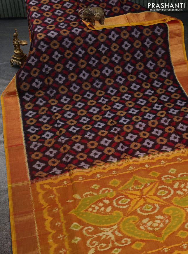Ikat silk cotton saree deep coffee brown and yellow with allover ikat weaves and zari woven border