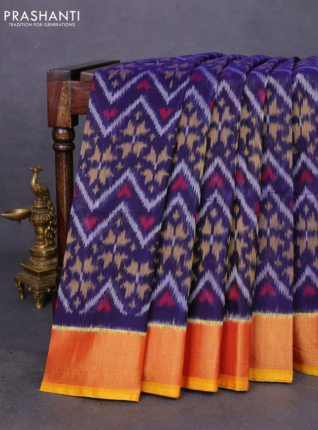 Ikat silk cotton saree navy blue and yellow with allover ikat weaves and zari woven border