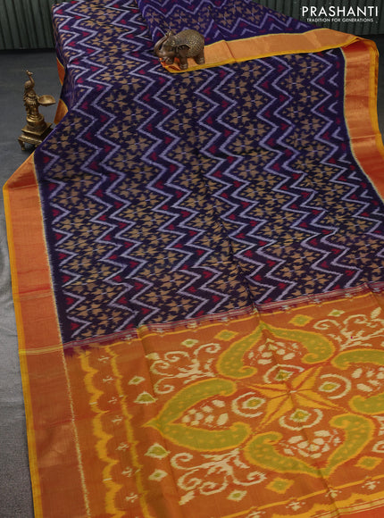 Ikat silk cotton saree navy blue and yellow with allover ikat weaves and zari woven border